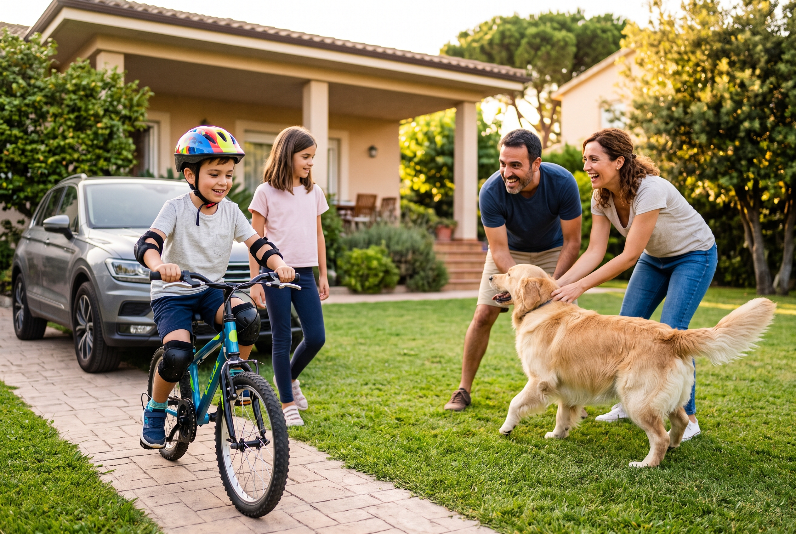Familia feliz con seguro de hogar y vehículo